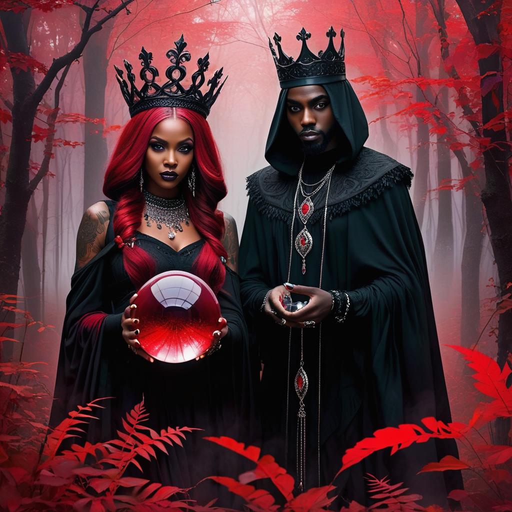  two enigmatic light african american figures cloaked in alluring red and black colors with piercing gazes and large dark eyes, intricate tattoos telling untold stories, holding a crystal ball, emerging from the mist in a gothic, ethereal forest where shadows dance and secrets linger. the figures have brightly colored hair, dramatic makeup with tears, and are adorned with crowns and jewelry.