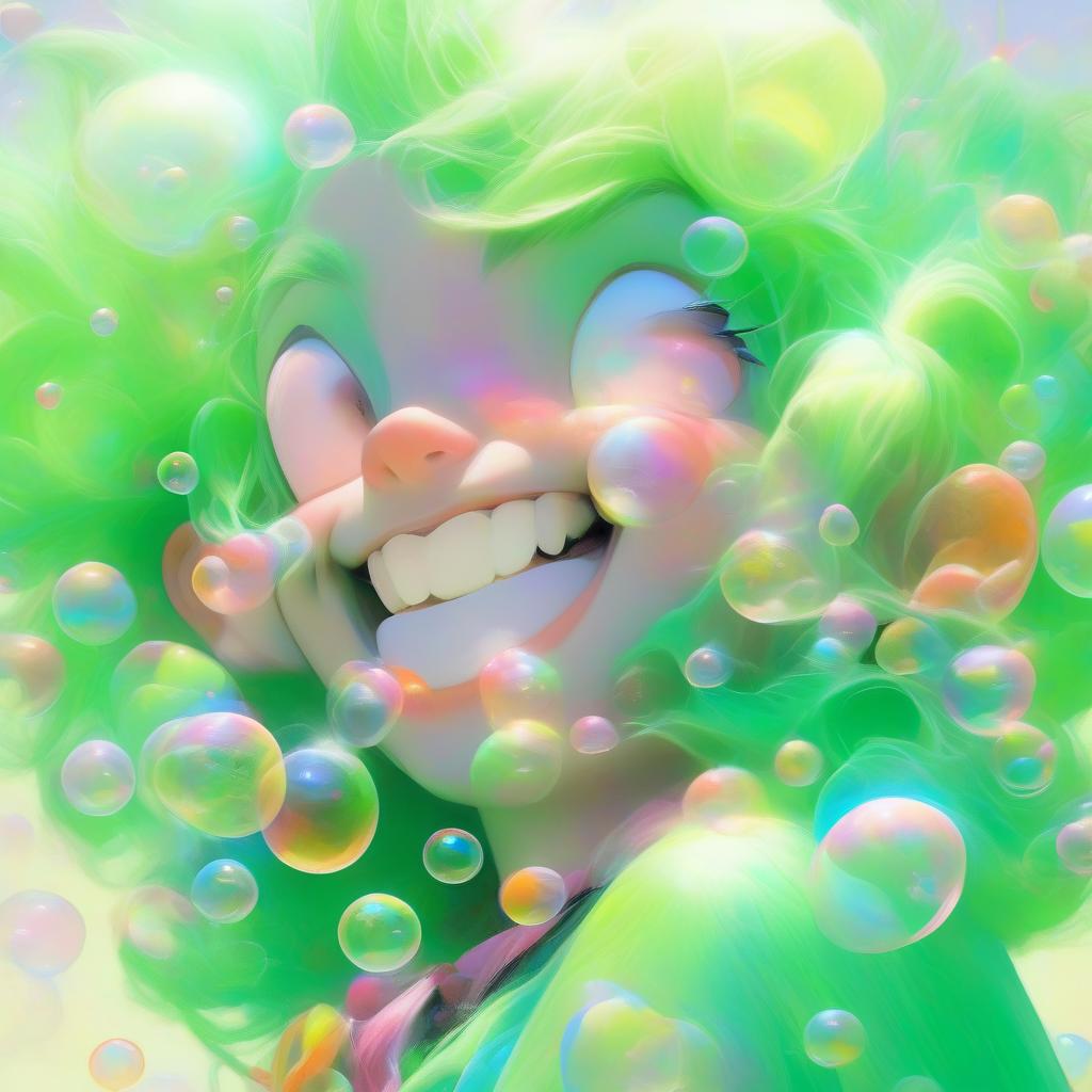  girl with green hair, smiling, portrait format, with soap bubbles