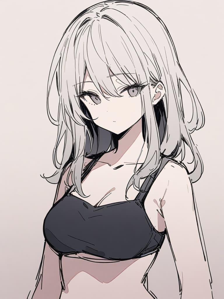  masterpiece,best quality,highly detailed,ultra detailed,1girl,(hand painted:1.2),(sketch:1.3),white background,lineart,greyscale,(no shadow),a meaningless line,coarse contours,(simple line drawing:1.2),bra top