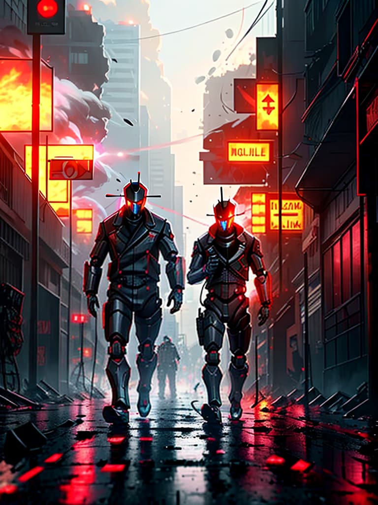  Man vs AI Robots, a deluge of burning buildings, blood and bodies litter the street.