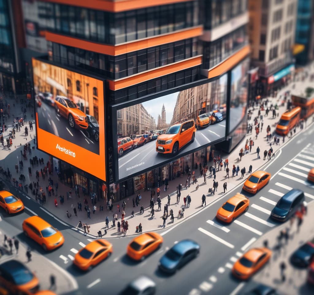  tilt shift photo of digital advertising screen on a large building in the city, in the middle in orange black, around people cars and shops . selective focus, miniature effect, blurred background, highly detailed, vibrant, perspective control