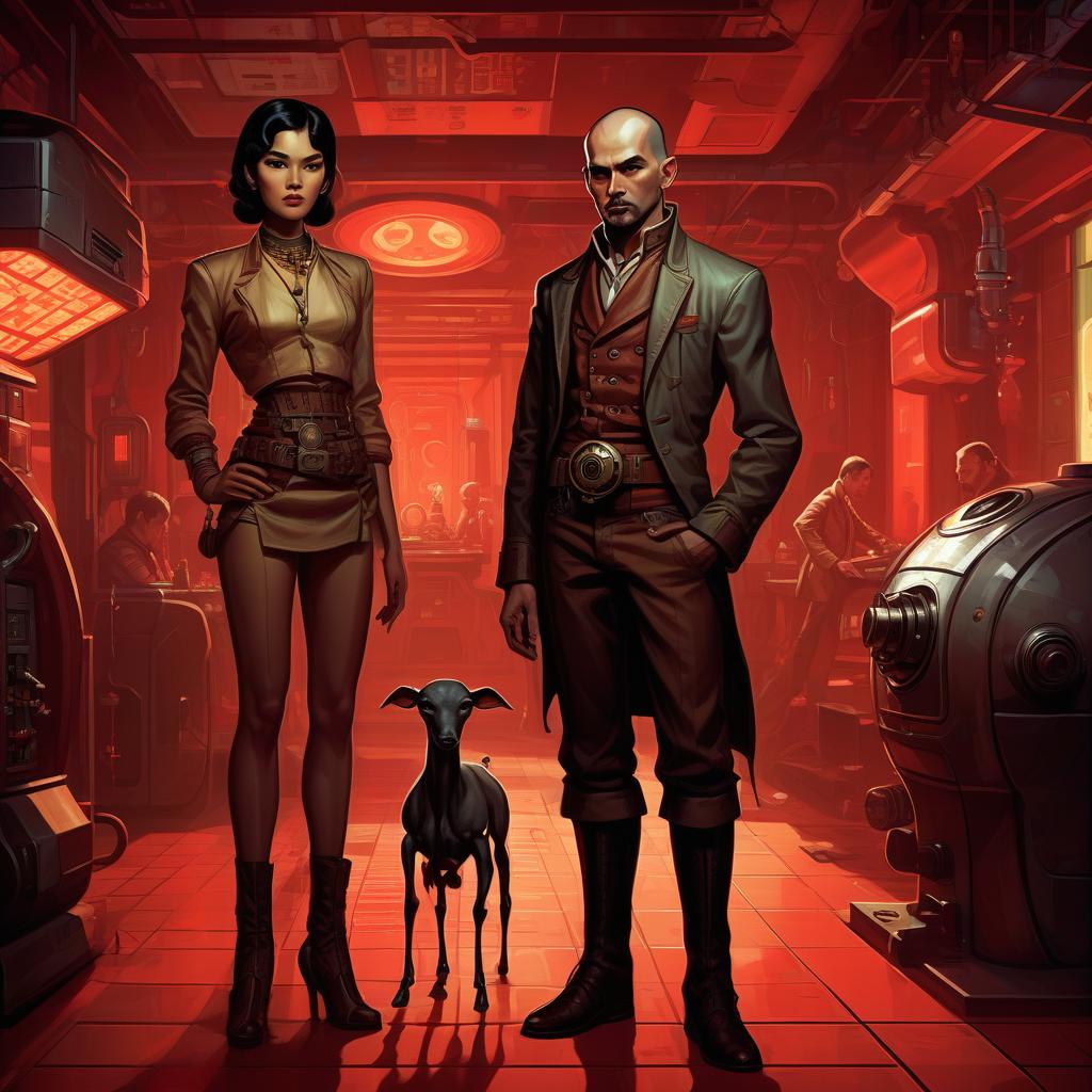  retro game art a group of smugglers, a young of thai appearance, 20 year, small , elegant thin waist, long slender legs, black hair. a man with a , 40 year, small growth, bald, black. next to the droid and minotaur. full length image, steampunk, dieselpunk, paropunk, standing in a space tavern, against a background of red light. . 16 bit, vint colors, pixelated, nostalgic, charming, fun