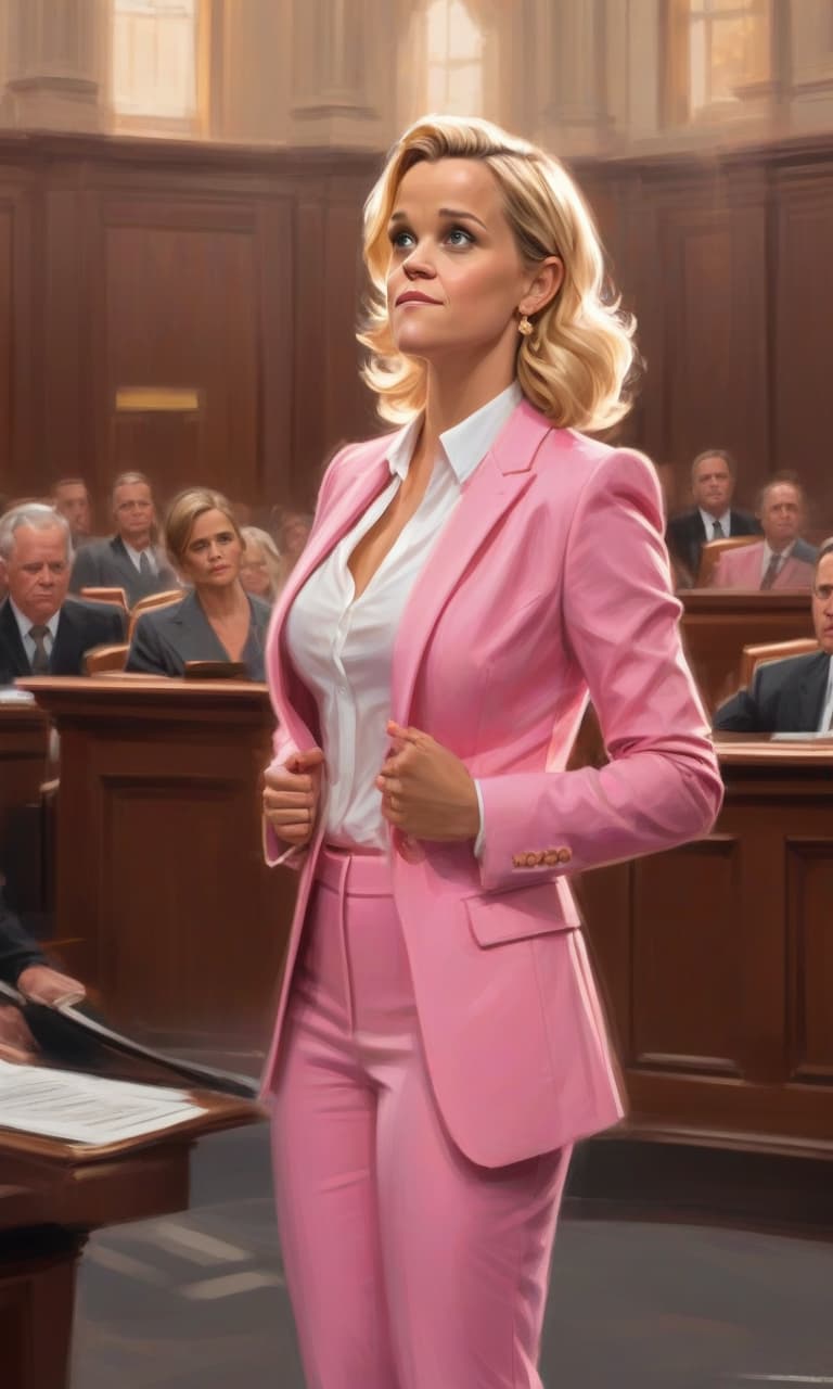  concept art color pink, white, black, gold courtroom young reese witherspoon to the waist in a pink suit speaks before the judge . digital artwork, illustrative, painterly, matte painting, highly detailed, perfect hands