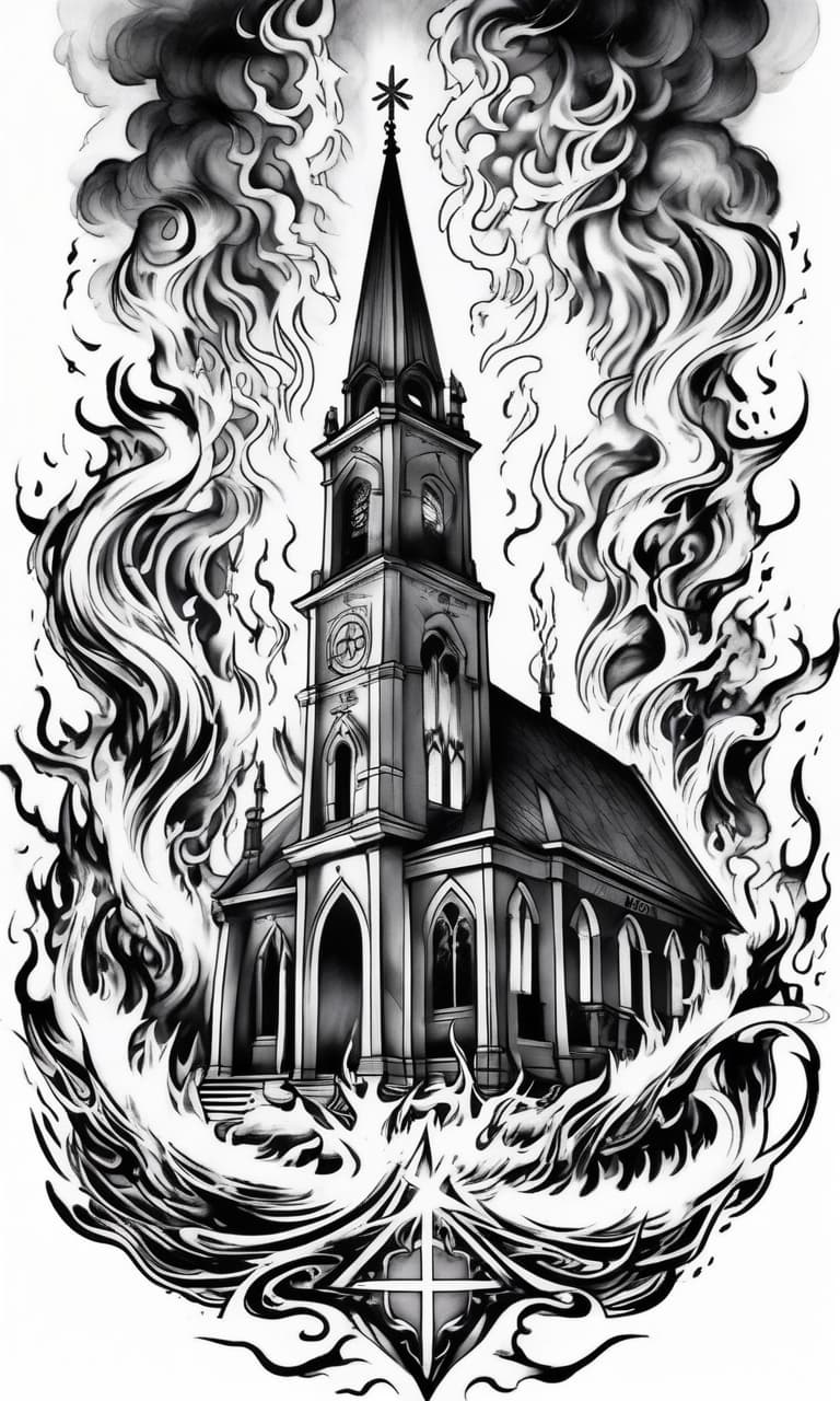  long vertical tattoo flash design of a burning church, occult style, in black and white ink tattoo style, clean white background v 6.1