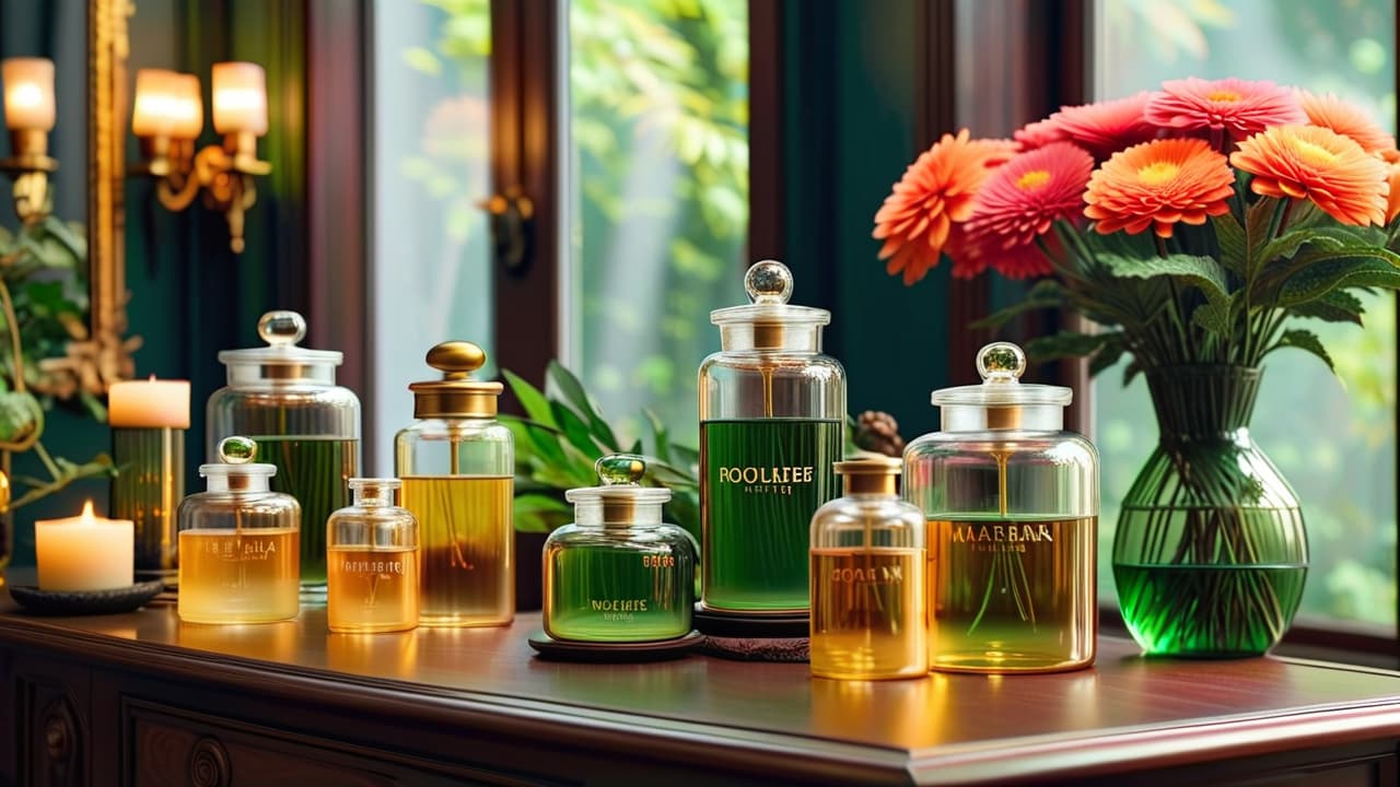  a lavish skincare display featuring elegant glass jars, golden accents, and lush botanical elements. soft, diffused lighting highlights the textures of creams and serums, evoking a serene, high end spa atmosphere. hyperrealistic, full body, detailed clothing, highly detailed, cinematic lighting, stunningly beautiful, intricate, sharp focus, f/1. 8, 85mm, (centered image composition), (professionally color graded), ((bright soft diffused light)), volumetric fog, trending on instagram, trending on tumblr, HDR 4K, 8K