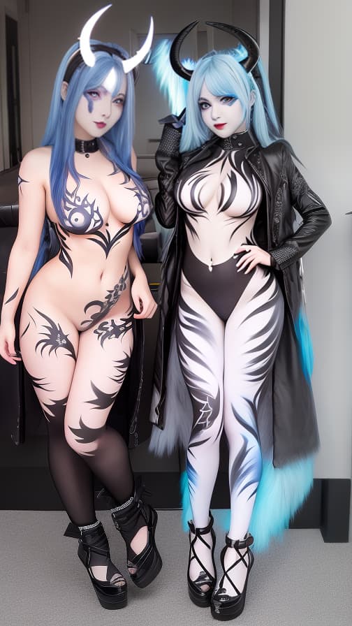  Black flame pattern body paint in every corner of the whole body, White and blue body paint full body, Grey face paint on the face, two succubus sisters, full body image female