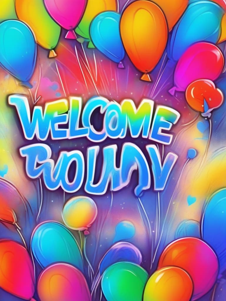  plain brush drawing,{text ((rainbow neon colors: "welcome" 💬)) text in balloon}((no human: 1.5)),high resolution,absurd,adopted,