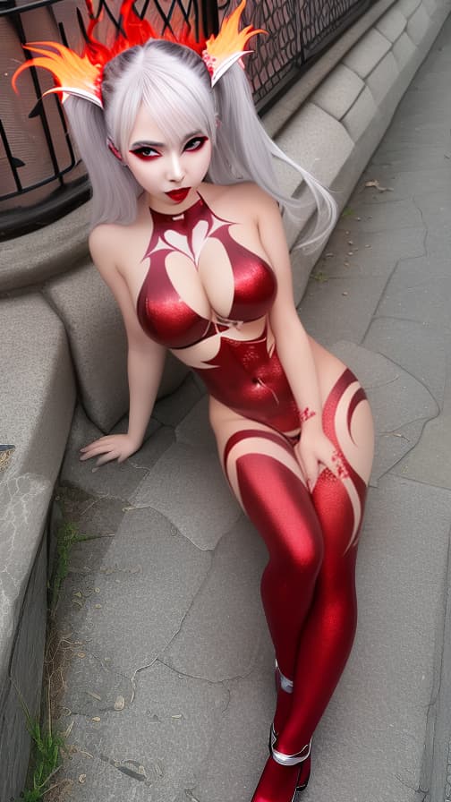  Full body red and silver flame pattern body paint,silver body paint on the whole body, silver face paint on the face,succubus 女性