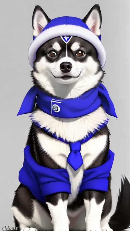  Husky-adoring Chihuahua poses in a Husky hat for social media post. Background is white.