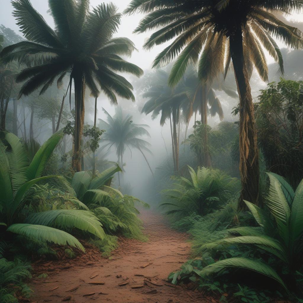  masterpiece, best quality,deep lush dense foggy East African forest closeup Acaia trees palm trees jungle foliage trees vines grass bushes shrubs fallen tree trunk forest floor at early morning before dawn ,