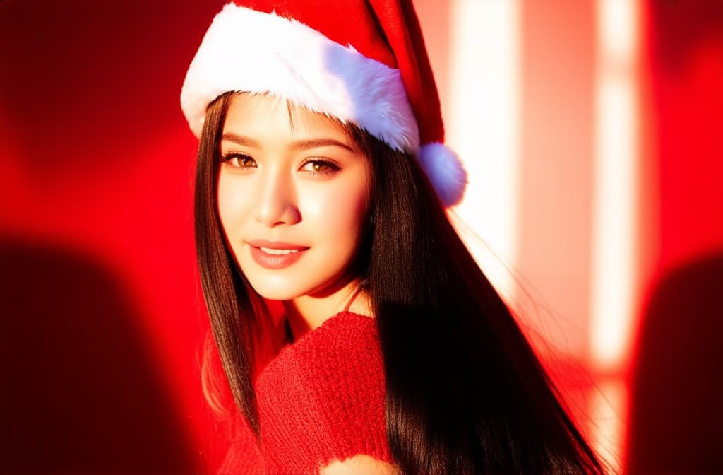  cinematic film style, portrait of a beautiful young with dark long hair in gles in a santa hat on a red background, , on the right there is free space for text ar 3:2, shallow depth of field, vignette, maximum details, high budget hollywood movie, bokeh, cinemascope, moody, epic, gorgeous, sun rays and shadows on furniture and surfaces, flattering light, raw photo, photography, photorealistic, 8k resolution, f1.4, sharpened focus, sharp focus