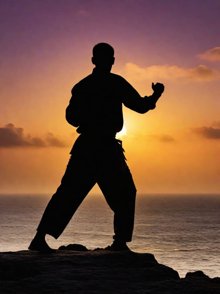  Close up of the silhouette of a man doing Thai Chi on a cliff overlooking the ocean with a sunrise in the background. RAW, realistic