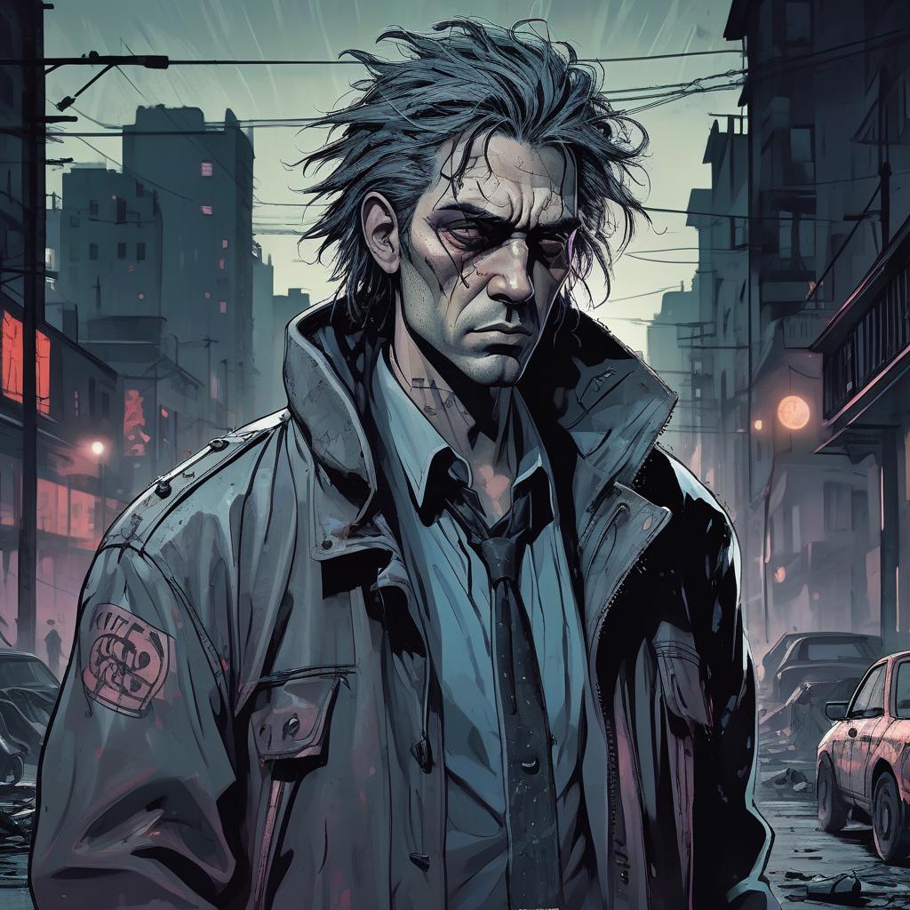  dystopian style light, focused, colorful, modern illustration of a gloomy gangster with disheveled hair, portrait, modern, comic with three dimensional sketches. night. . bleak, post apocalyptic, somber, dramatic, highly detailed