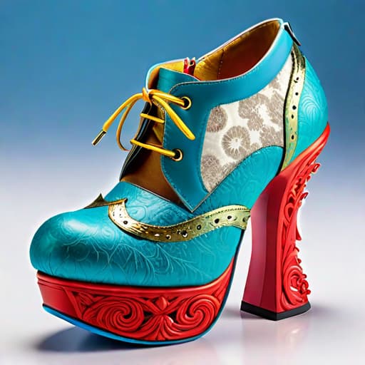  Create a photorealistic digital illustration of a women’s shoe with balanced parts, ornate soles, mid height platform heel, and covered in soft, luxurious textured materials. The art style should blend elements of Irregular Choice, Buffalo London, Naoko Takeuchi and Osamu Tezuka hyperrealistic, full body, detailed clothing, highly detailed, cinematic lighting, stunningly beautiful, intricate, sharp focus, f/1. 8, 85mm, (centered image composition), (professionally color graded), ((bright soft diffused light)), volumetric fog, trending on instagram, trending on tumblr, HDR 4K, 8K