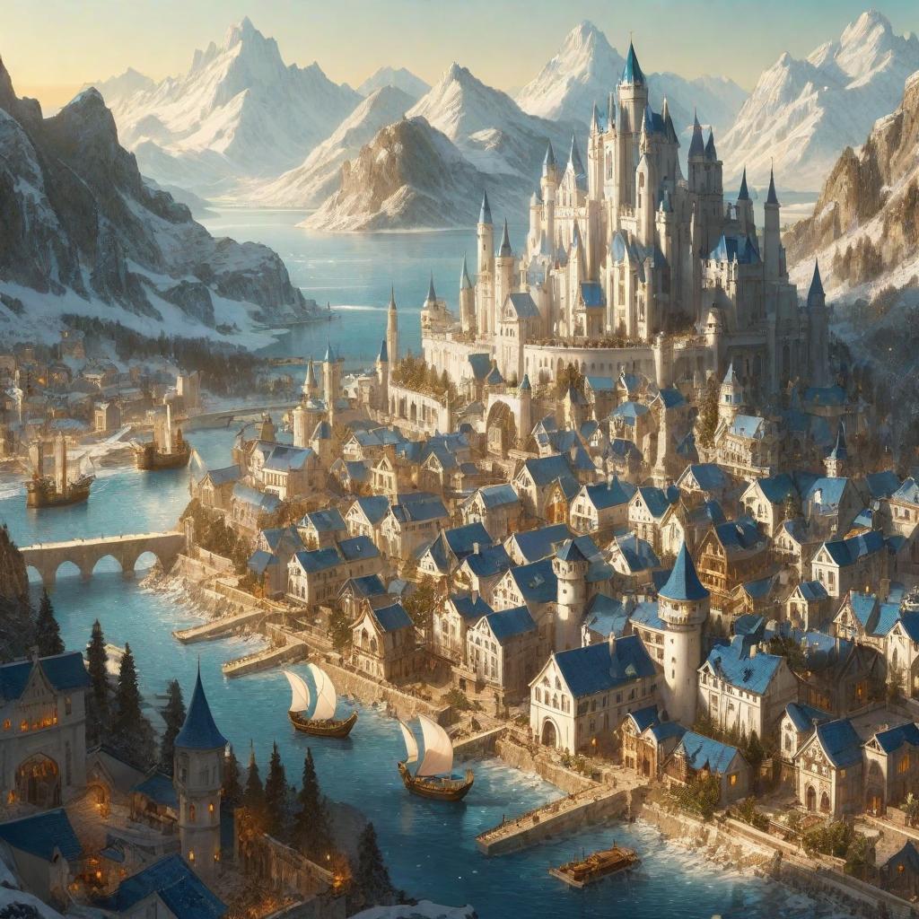  manga artwork city with white houses and blue roofs, it has a big castle in a terrace and a great lake in the background, with icy moutains. anime rpg style . manga artist. manga, highly emotional. best quality, high resolution