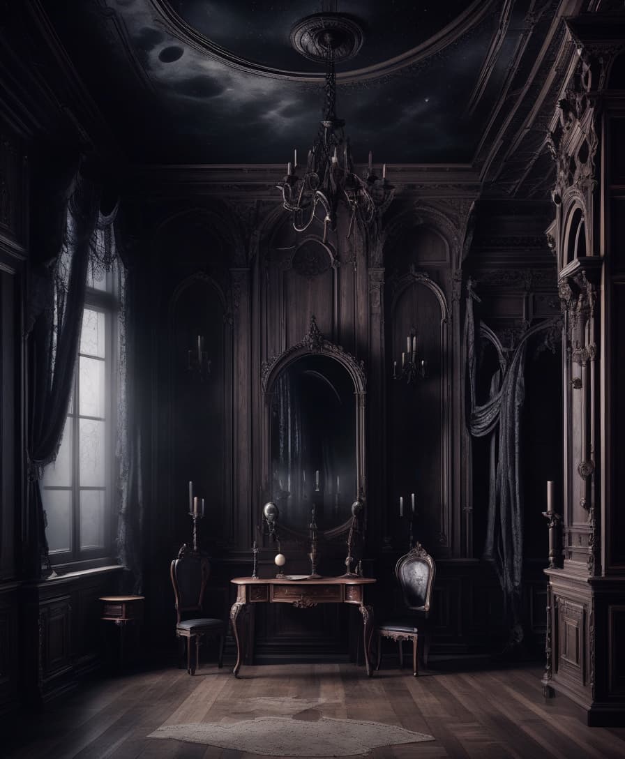  gothic style the dark room. wooden furniture in classic style. web and dust. no lighting. the moon outside . dark, mysterious, haunting, dramatic, ornate, detailed