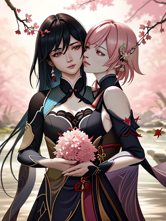  rizzley with genshin impact and lynette with genshin impact kiss gently, and against the background a landscape with falling cherry leaves pink, photorealistic, hyperrealistic, hyperdetailed, analog style, demure, detailed skin, pores, smirk, smiling eyes, matte skin, soft lighting, subsurface scattering, realistic, heavy shadow, masterpiece, best quality, ultra realistic, 8k, golden ratio, intricate, high detail, film photography, soft focus