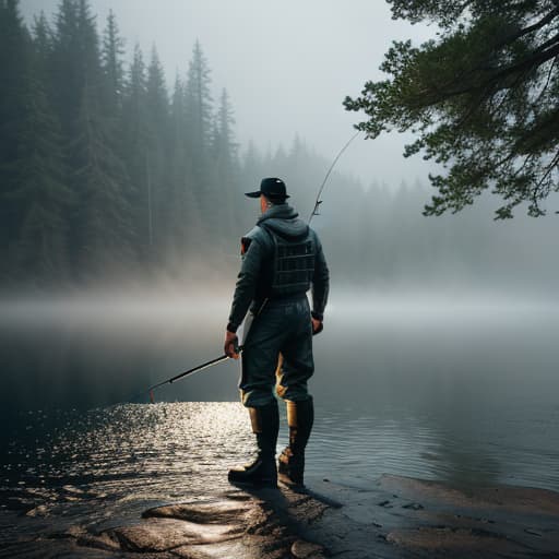  Fishing man images hyperrealistic, full body, detailed clothing, highly detailed, cinematic lighting, stunningly beautiful, intricate, sharp focus, f/1. 8, 85mm, (centered image composition), (professionally color graded), ((bright soft diffused light)), volumetric fog, trending on instagram, trending on tumblr, HDR 4K, 8K