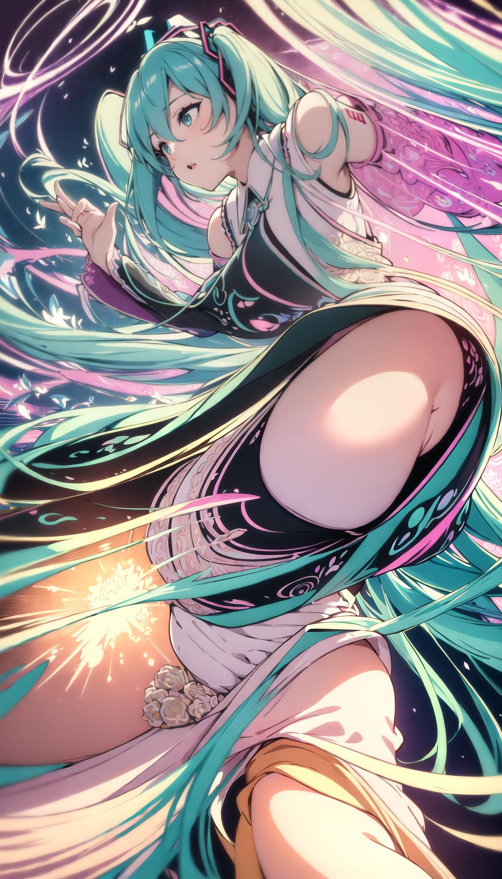  (masterpiece, best quality, highres:1.2), (intricate and beautiful:1.2), (detailed light:1.2), (colorful, dynamic angle), upper body shot, fashion photography of cute, intense long hair, (hatsune miku), dancing pose, flirting with pov, dynamic pose, soft moonlight passing through hair, (abstract colorful art background:1.3), (official art), (cinematic)