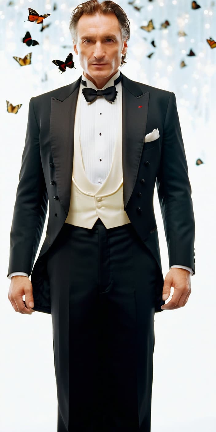  cinematic photo photographic portrait of a man aged 40 years in a tuxedo, white shirt and butterfly, high definition image . 35mm photograph, film, bokeh, professional, 4k, highly detailed, film photography style