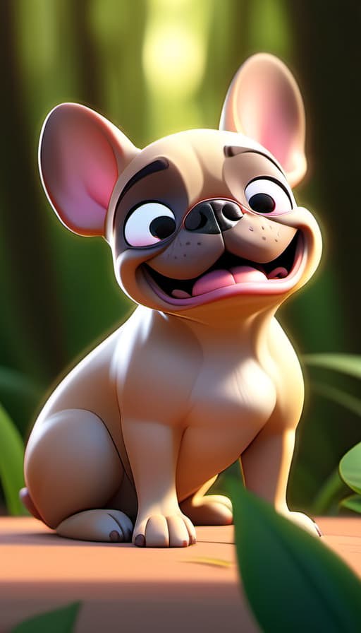  in a pixar inspired scene, a chubby french bulldog with white skin stands at the edge of a serene jungle. the sun is setting, casting a warm glow over the scene, and the dog is smiling, evoking a sense of touching finale.