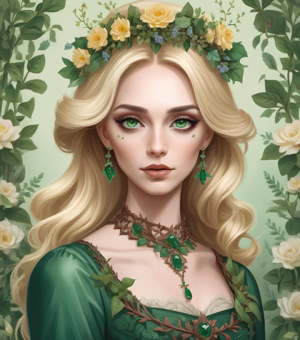  (photorealism:1.2), beautiful blonde woman in a victorian style dress, green on top and brown on the bottom, with beautiful flowers on top and vines around it, a jade green necklace and a crown of beautiful flowers and thorns, with makeup inspired by nature