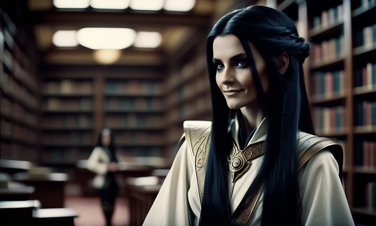  cinematic film still eldar female from warhammer 40000, long black hair gathered in a braid, hands hidden behind her back, evil smile, brown eyes, white robe, library on the background . shallow depth of field, vignette, highly detailed, high budget, bokeh, cinemascope, moody, epic, gorgeous, film grain, grainy