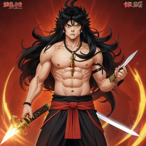  Fudo Myoo is wearing a vestment with his chest bare, his lower half of his body well covered, and he has long hair with a permed head, a sword in his right hand, and an angry expression on his face. He has a sword in his right hand and an angry expression on his face. Male Retro