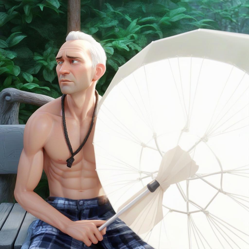  professional 3d model a man sitting on a bench holding an umbrella шаман с бубном, духи, магия, вороны . octane render, highly detailed, volumetric, dramatic lighting, hkmagic