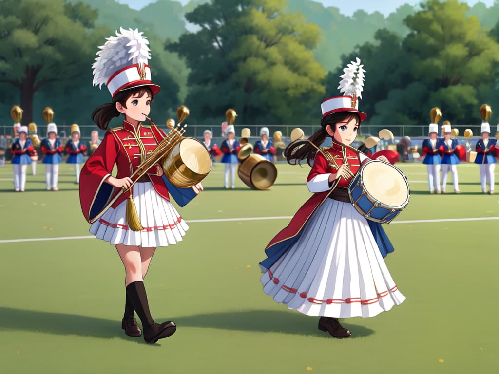  drum and flute girls, ((marching band)), depth of field, best quallity: 1.4, ultra detailed texture, absurd esolution, 8k illustration, 💩, 💩, 💩 , 💩, 💩,