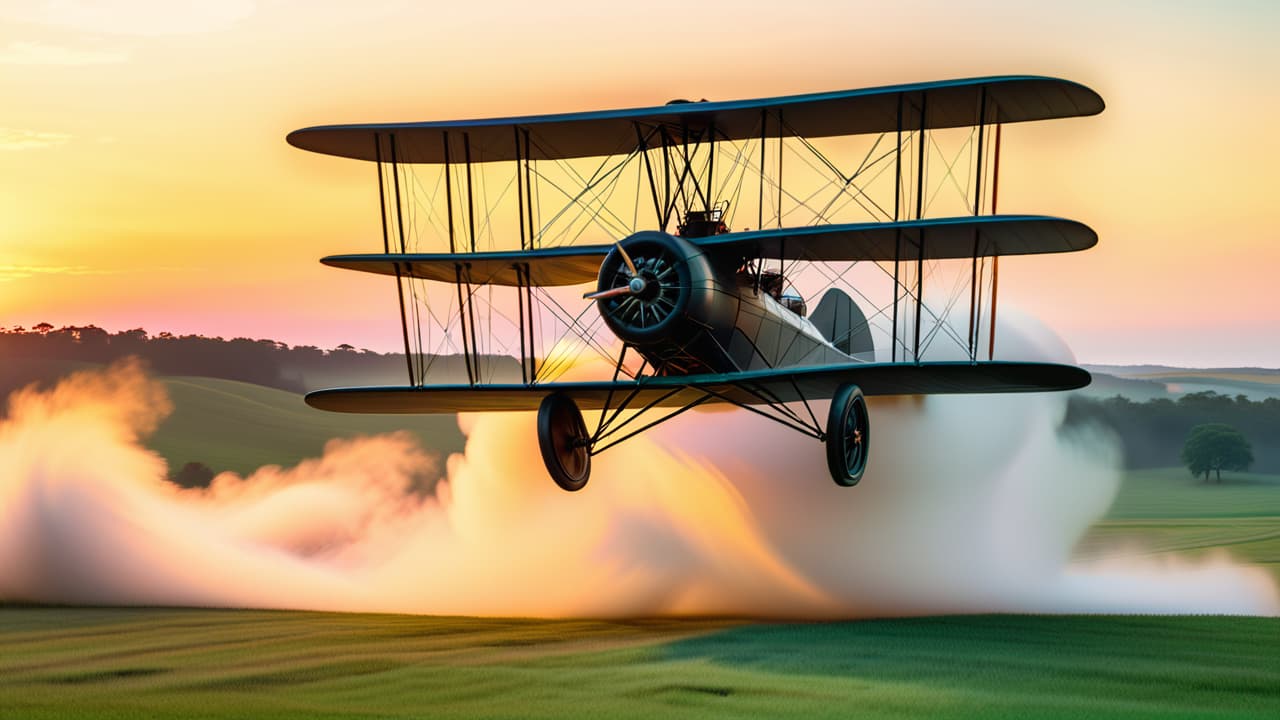  a serene landscape depicting the wright brothers' iconic 1903 flyer taking off at dawn, surrounded by rolling hills and a historical crowd in period clothing, capturing the moment of aviation's birth in vivid colors. hyperrealistic, full body, detailed clothing, highly detailed, cinematic lighting, stunningly beautiful, intricate, sharp focus, f/1. 8, 85mm, (centered image composition), (professionally color graded), ((bright soft diffused light)), volumetric fog, trending on instagram, trending on tumblr, HDR 4K, 8K