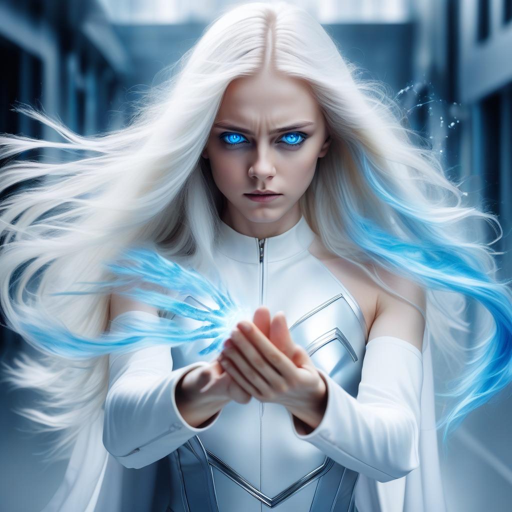  a girl with superpower, releases cold from the palm, a front view, white long loose hair, modern clothes, bright blue eyes