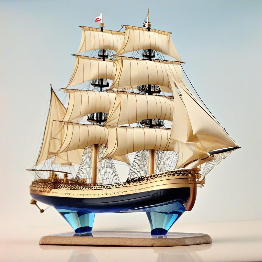  an ancient ship with masts and cannons, sails white seven tiered, on the bow of the ship a golden mermaid, (contained in a large glass bottle), with various mechanisms and details, the best quality