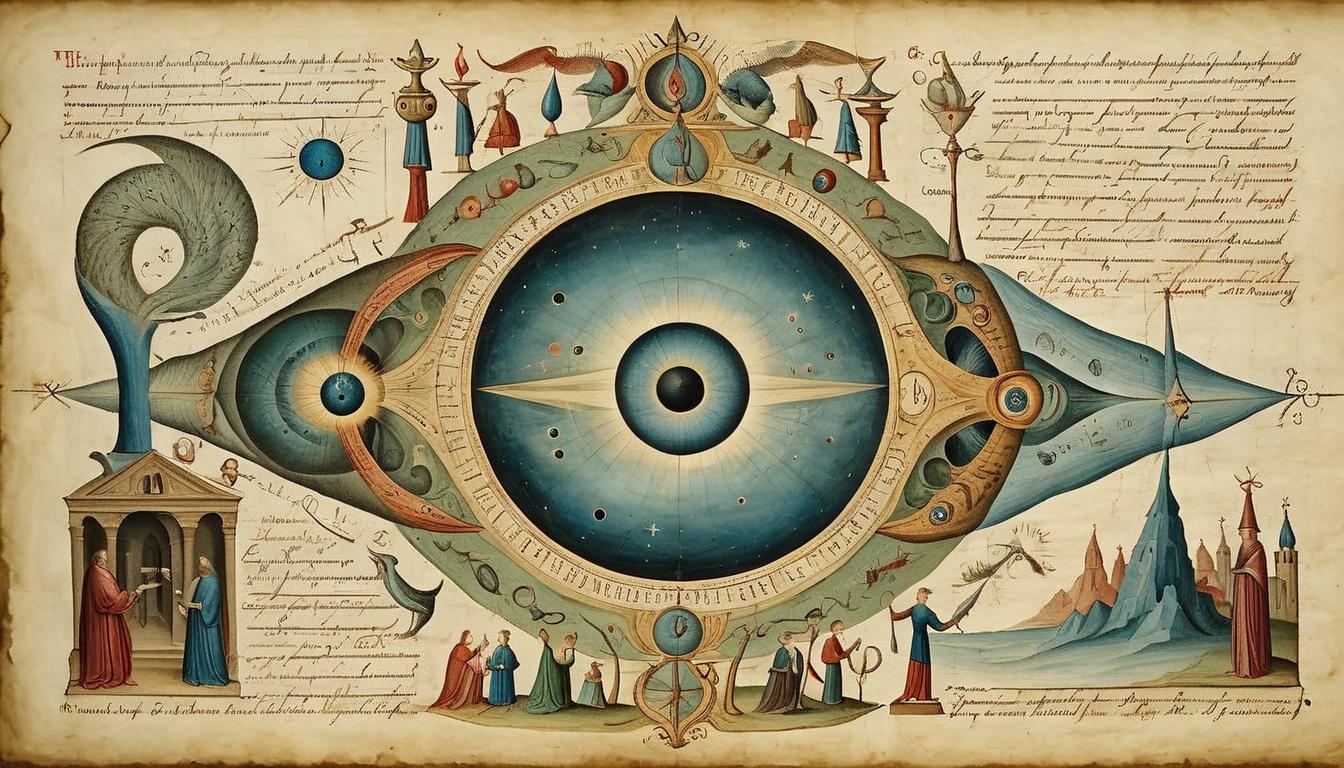  on parchment, surrealism+++, god as an optician, adjusting a person's spiritual lenses, precision and clarity being fine tuned(mysterious, provocative, symbolic,muted color)+++