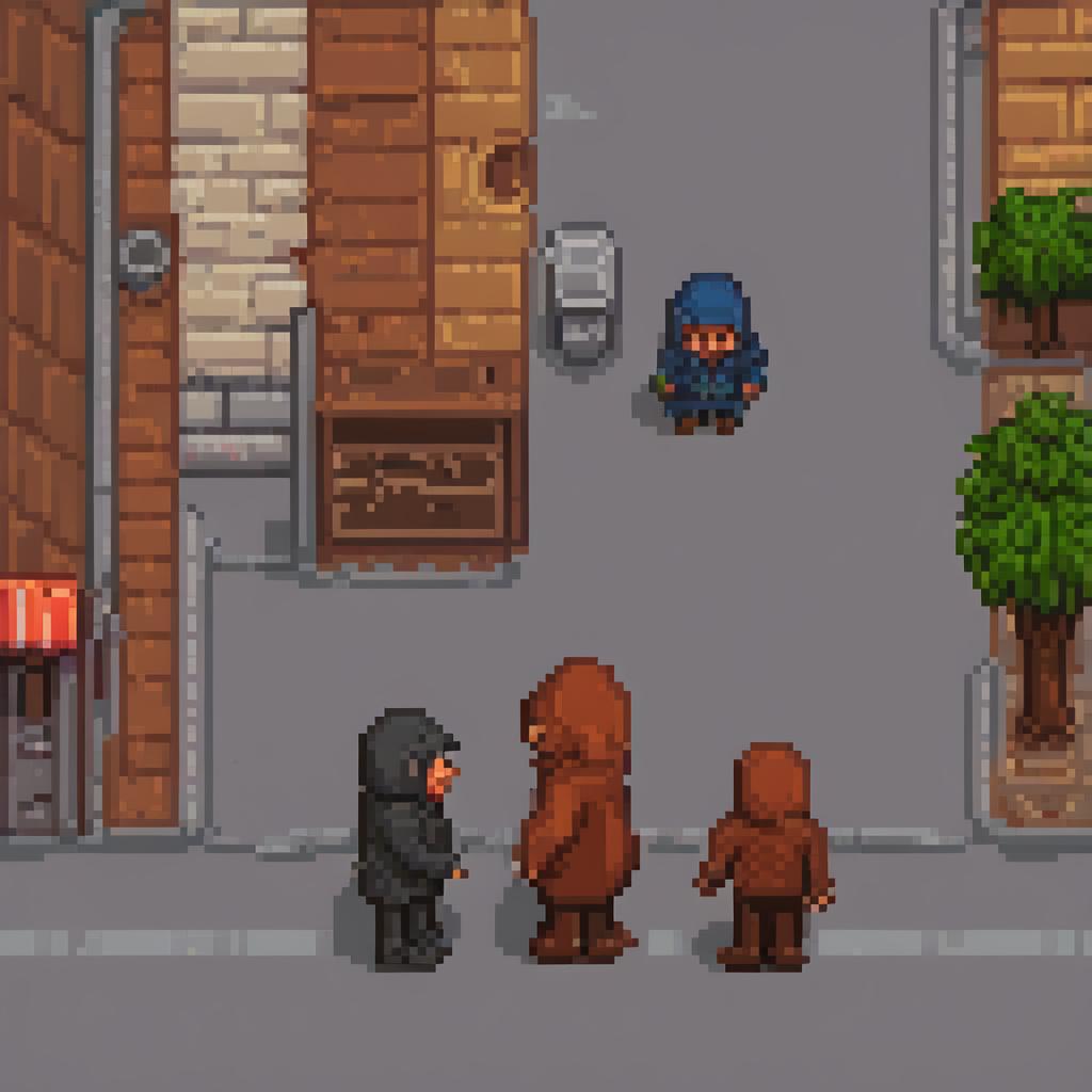  pixel art two guys in hoods on the street . low res, blocky, pixel art style, 8 bit graphics