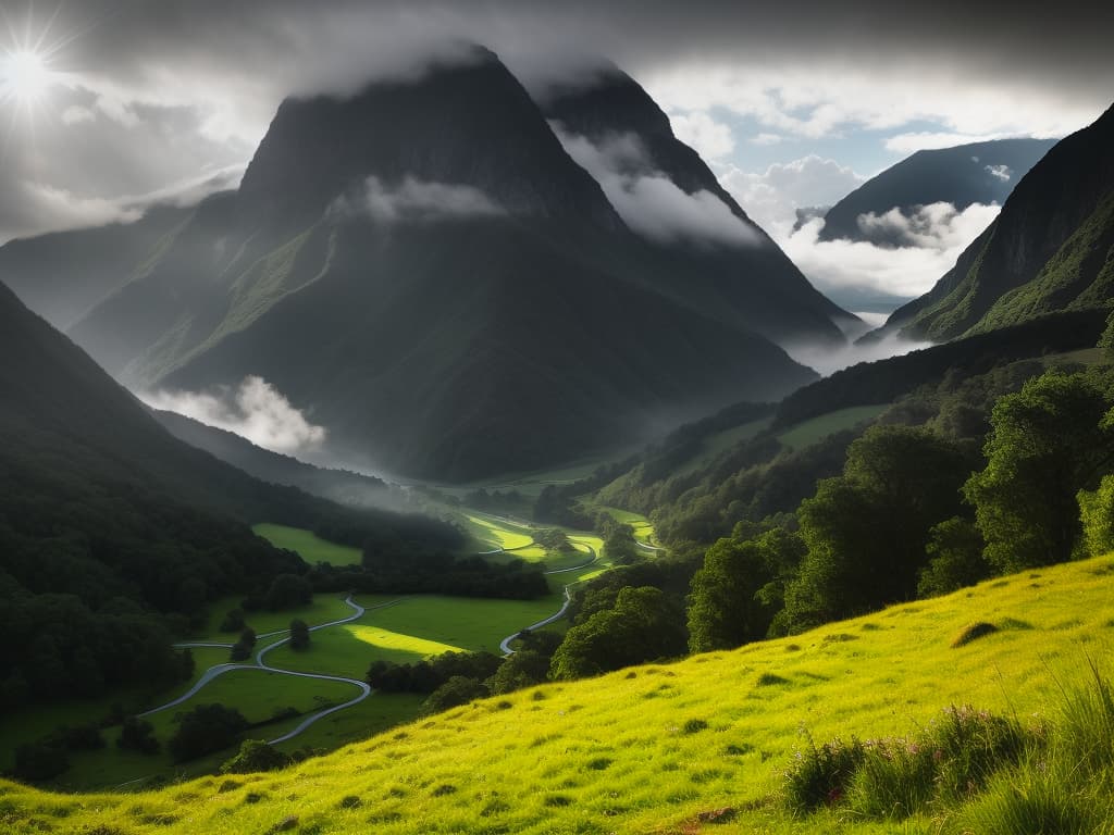  Valley with rain clouds and sun peeking out in sky hyperrealistic, full body, detailed clothing, highly detailed, cinematic lighting, stunningly beautiful, intricate, sharp focus, f/1. 8, 85mm, (centered image composition), (professionally color graded), ((bright soft diffused light)), volumetric fog, trending on instagram, trending on tumblr, HDR 4K, 8K