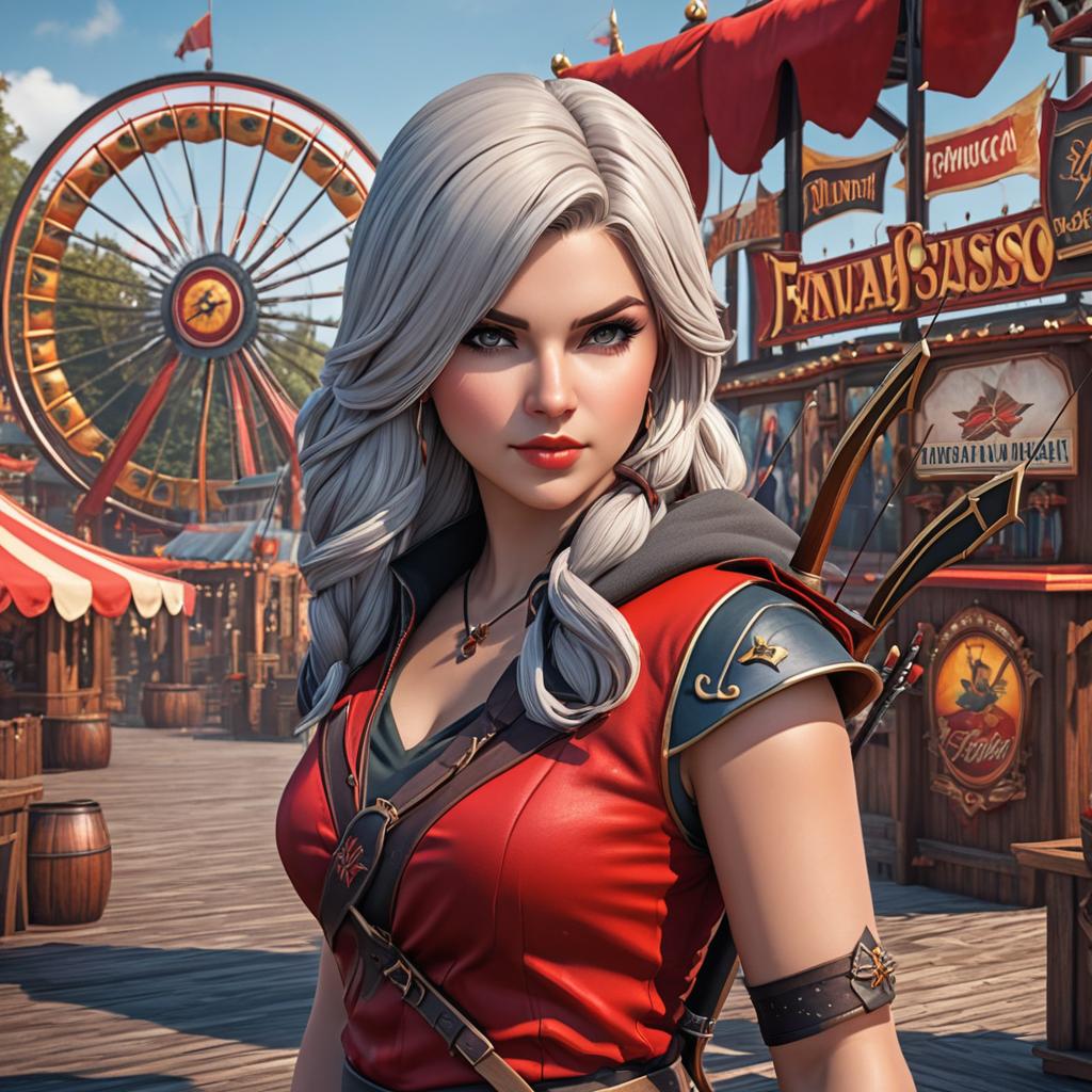  female archer in casual, bloody clothes at fantasticland amusement park, golden road, shops all around. photo realistic, highly intricate and detailed, masterpiece, ultra high res,photography,8k resolution