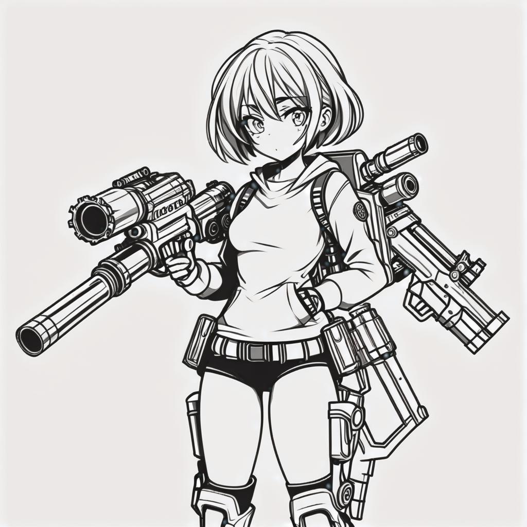  line art drawing girl wit minigun, battle stance, same nightmare. anime style . professional, sleek, modern, minimalist, graphic, line art, vector graphics