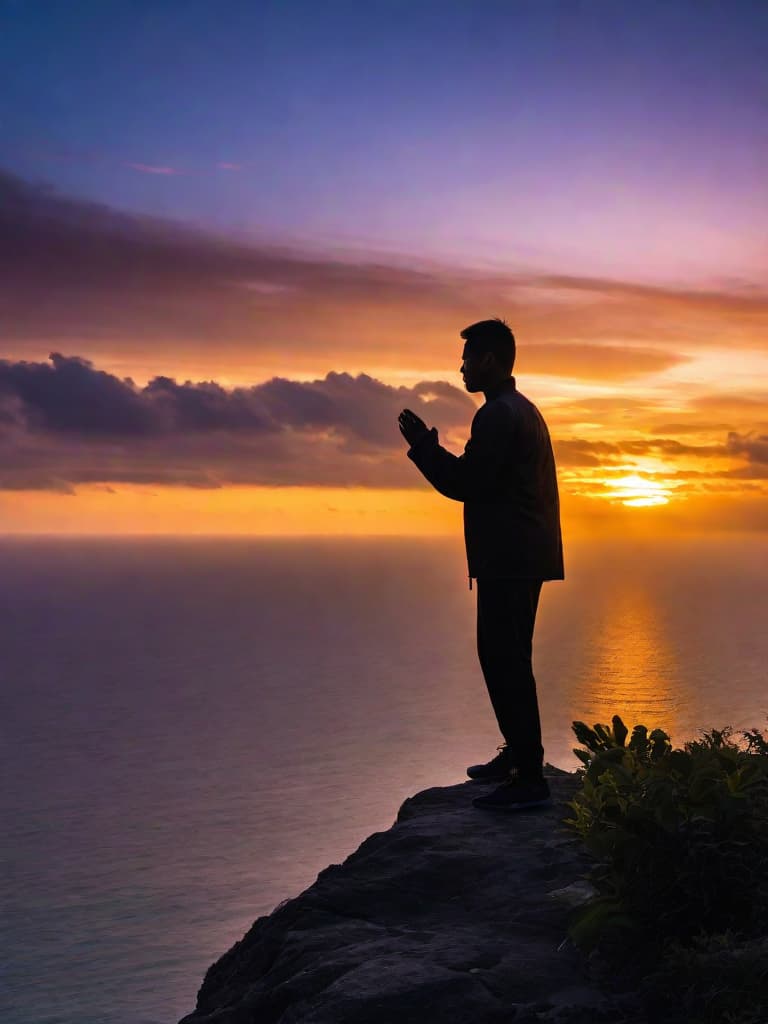  Close up of the silhouette of a man doing Thai Chi on a cliff overlooking the ocean with a sunrise in the background. RAW, realistic