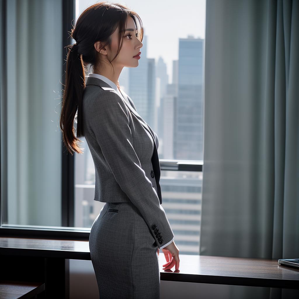 masterpiece, high quality, 4K, HDR BREAK A beautiful young woman in her 20s, wearing a smart office outfit, looking thoughtful and focused. BREAK A stylish blouse, pencil skirt, and heels. BREAK Side profile view, with a serene, pensive expression. BREAK Elegant office setting with a large window overlooking a city skyline. The KINLISER logo subtly incorporated into the design. hyperrealistic, full body, detailed clothing, highly detailed, cinematic lighting, stunningly beautiful, intricate, sharp focus, f/1. 8, 85mm, (centered image composition), (professionally color graded), ((bright soft diffused light)), volumetric fog, trending on instagram, trending on tumblr, HDR 4K, 8K