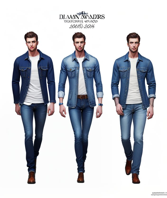  ((fashion illustration, full figures of men with jeans and shirts, denim coats,)), award winning, professional, highly detailed, masterpiece