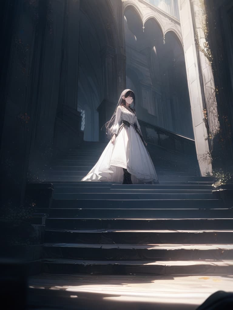  black hair long hair, heel boots, whole body, black and white dress, dresses out of the castle stairs, purple, and the ground, masterpiece, best quality,8k,ultra detailed,high resolution,an extremely delicate and beautiful,hyper detail