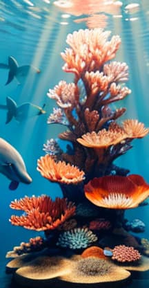  masterpiece, best quality, most beautiful in deep sea teeming with vibrant corals, diverse marine life, and enchanting underwater landscapes, full of corals, acrophore, small fishes, anemones, dolphin, various algaes, caves, colorful,all captured in stunning 8k resolution with intricate details.