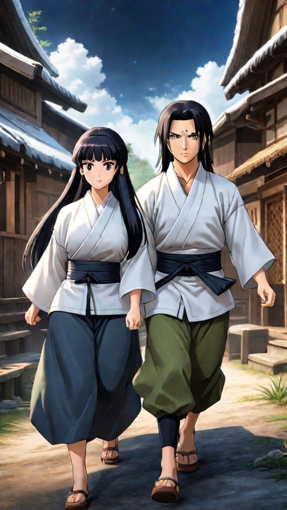  anime art: neji and hinata hyuga showcasing the power of the byakugan to protect their village. hyperrealistic, full body, detailed clothing, highly detailed, cinematic lighting, stunningly beautiful, intricate, sharp focus, f/1. 8, 85mm, (centered image composition), (professionally color graded), ((bright soft diffused light)), volumetric fog, trending on instagram, trending on tumblr, HDR 4K, 8K