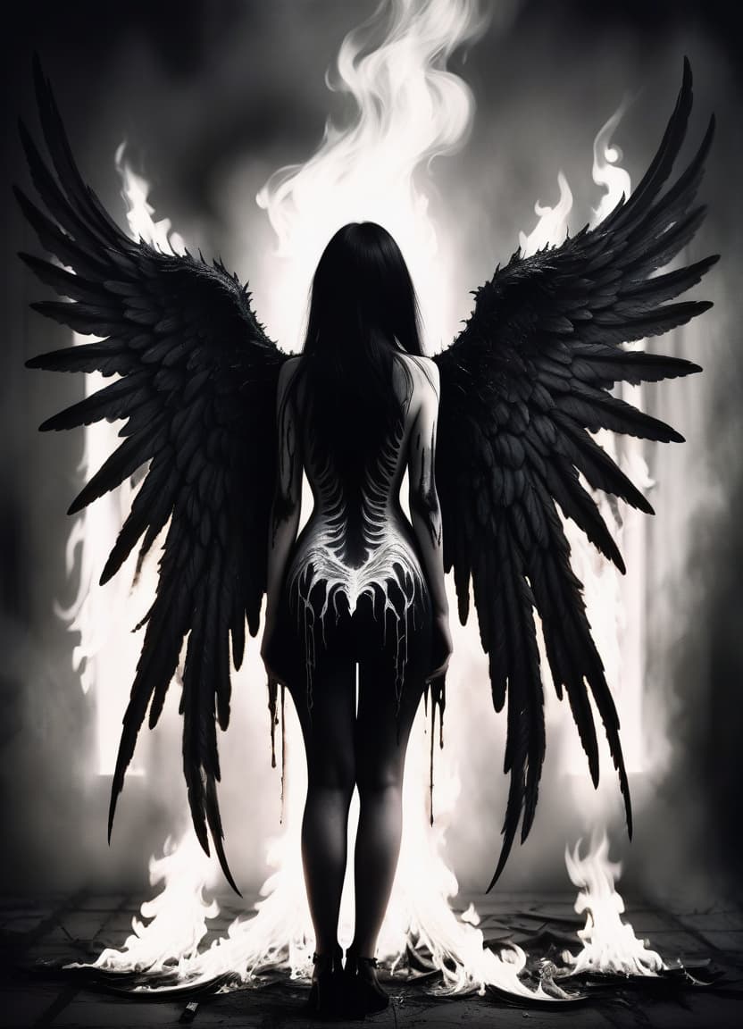  macabre style make her a fallen angel and from her back have wings covered with black and white fire . dark, gothic, grim, haunting, highly detailed