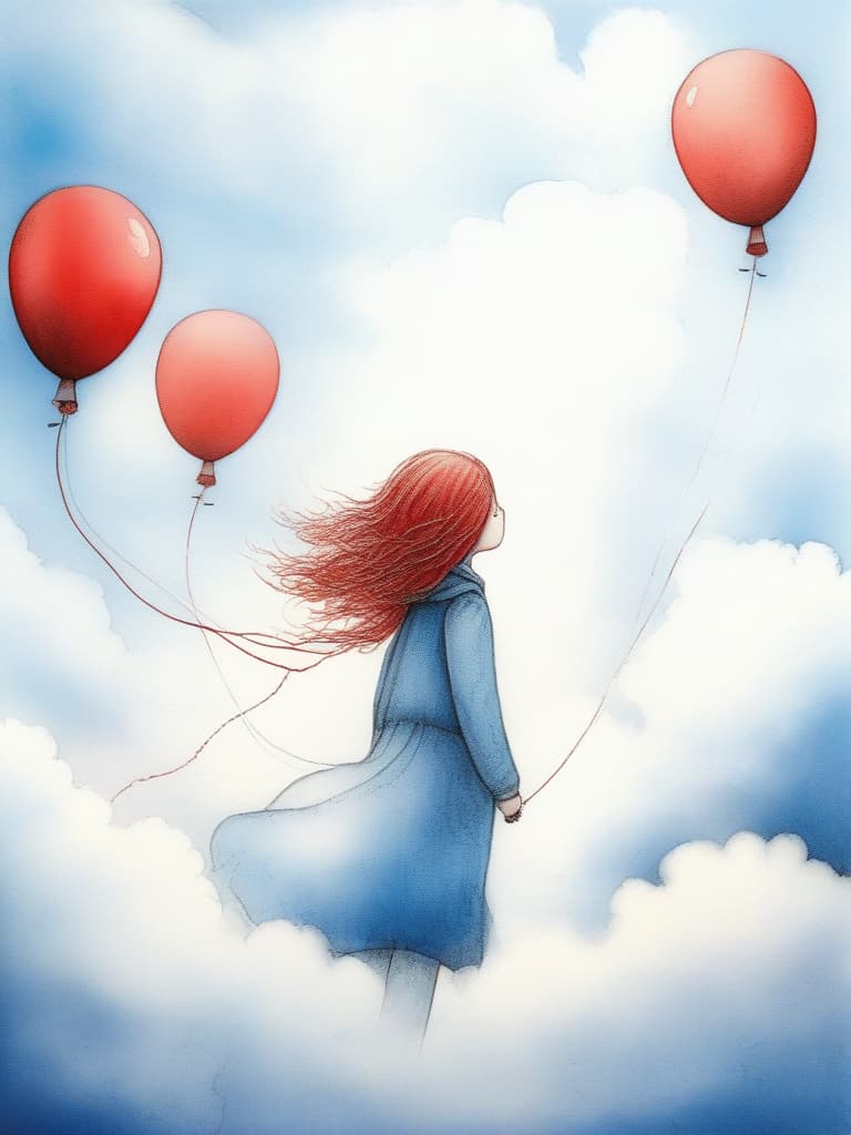  masterpiece,(((no human))),(((no body))),only big red balloon in the sky🎈,blue sky,white clouds,fairy tale style,crayon drawing,gentle colors,delicate,detailed,