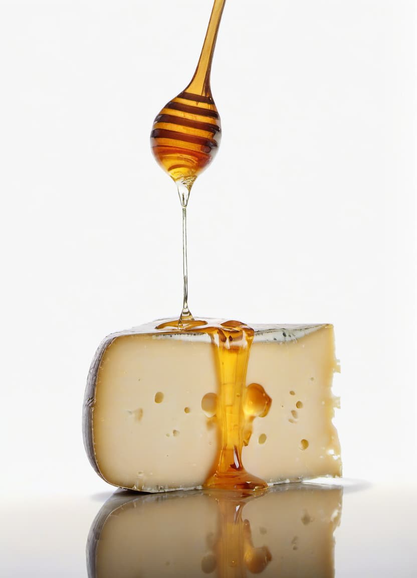  food photography style the cheese is poured with honey with beautiful reflection . appetizing, professional, culinary, high resolution, commercial, highly detailed, film photography style