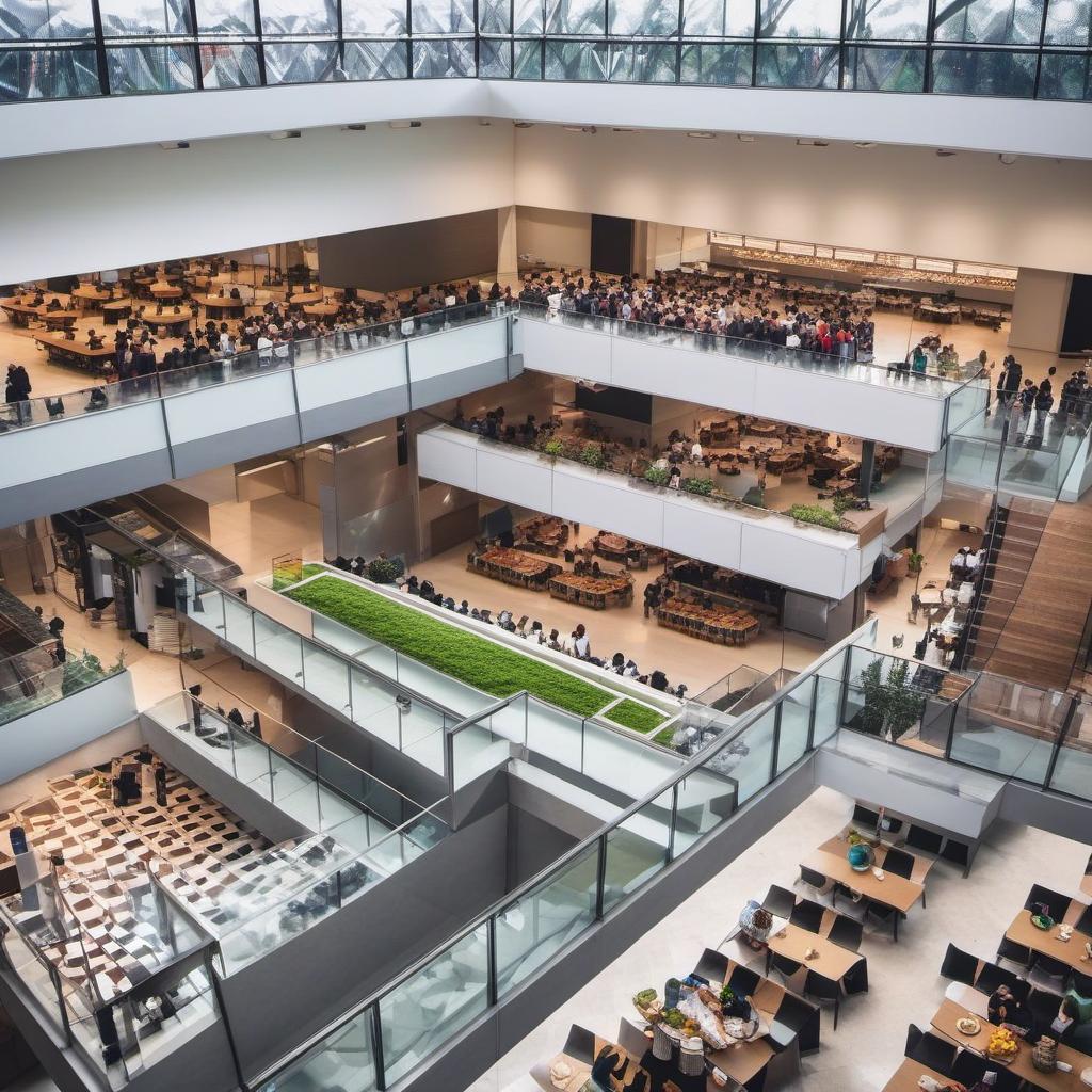  interior aerial view of high school cafeteria 3 stories with balcony and food lines, mystical style