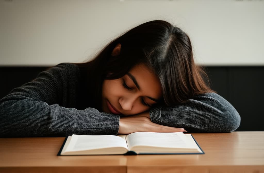  professional detailed photography, a girl of primary school age sits at a desk doing her homework, is tired and falls asleep, resting her head on the desk and closing her eyes. , (muted colors, dim colors, soothing tones), (vsco:0.3)