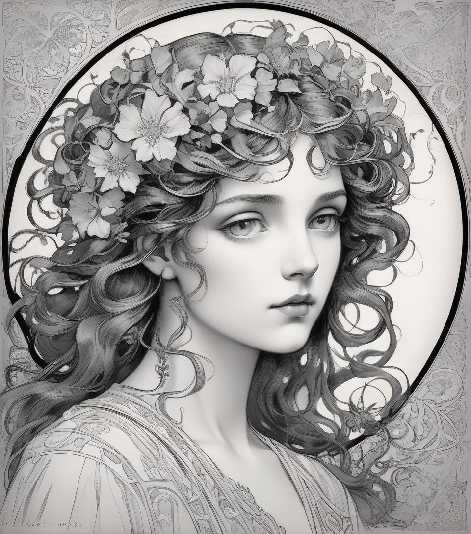  exquisite, filigree, charming female portrait:: black and white graphics, gray gradation, head and shoulders :: secession, art nouveau :: complex floral ornament in the style of alphonse mucha, william morris :: ferdinand knab ::: alphonse fly:: gustave klimt::: gustave dore :::: wlop:::: modern::: modern:::: modern european ink painting:: pre raphaelite beautiful:: complex:::::::: over detailed:::::::